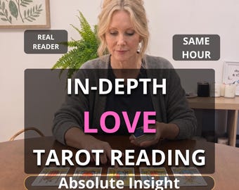 May include: A tarot reading service featuring a deck of cards laid out on a wooden table. Text overlays include REAL READER, SAME HOUR, IN-DEPTH LOVE TAROT READING, and Absolute Insight. The scene shows a person in a grey cardigan.