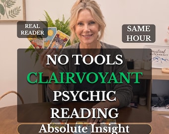 May include: A set of tarot cards held in one hand and laid out on a wooden table. Text overlays read: REAL READER, SAME HOUR, NO TOOLS CLAIRVOYANT PSYCHIC READING, and Absolute Insight. The cards feature colorful illustrations of figures and symbols.