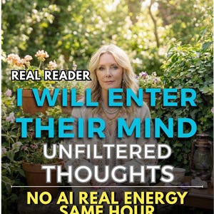以下が含まれることがあります： 庭を背景に女性が写っている画像で、テキストが重ねられています。テキストは「REAL READER I WILL ENTER THEIR MIND UNFILTERED THOUGHTS NO AI REAL ENERGY SAME HOUR」と書かれています。女性はブロンドヘアで、クリーム色のトップスを着ています。