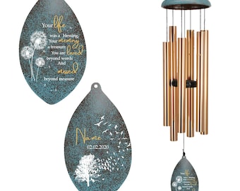 Personalized Sympathy Wind Chimes with Dandelion, Custom Memorial Wind Chime with Name & Date, Bereavement Gift