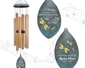 Personalized Sympathy Wind Chimes with Dragonfly, Memorial Wind Chime with Custom Name & Date, Bereavement Gift