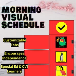 Pode incluir: Um cronograma visual com as palavras "MORNING VISUAL SCHEDULE" em letras grandes e coloridas. O cronograma inclui guias personalizáveis, incentiva a independência e é projetado para alunos de educação especial e CVI. Os ícones mostram tarefas.
