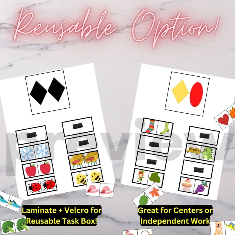 Pu&ograve; includere: Due schede attivit&agrave; bianche laminate con illustrazioni colorate e il testo "Reusable Option!". Una scheda presenta forme e l'altra immagini di calzini, un autobus scolastico e un cupcake. &Egrave; visibile anche il testo "Laminate + Velcro for Reusable Task Box!" e "Great for Centers or Independent Work".