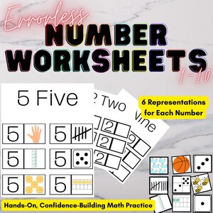 May include: Educational worksheets for numbers 1-10. The image shows multiple representations of each number, including numerals, words, and visual aids like fingers, tally marks, and dice. The text reads "Errorless Number Worksheets" and "Hands-On, Confidence-Building Math Practice."