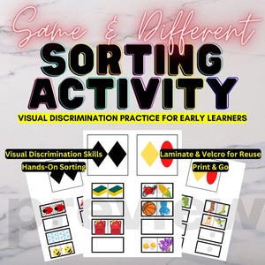 Może przedstawiać: Kolorowy zestaw aktywności edukacyjnych z tekstem "Game & Different SORTING ACTIVITY" i "VISUAL DISCRIMINATION PRACTICE FOR EARLY LEARNERS". Zestaw zawiera karty do rozwijania umiejętności dyskryminacji wzrokowej, sortowania i laminowania.