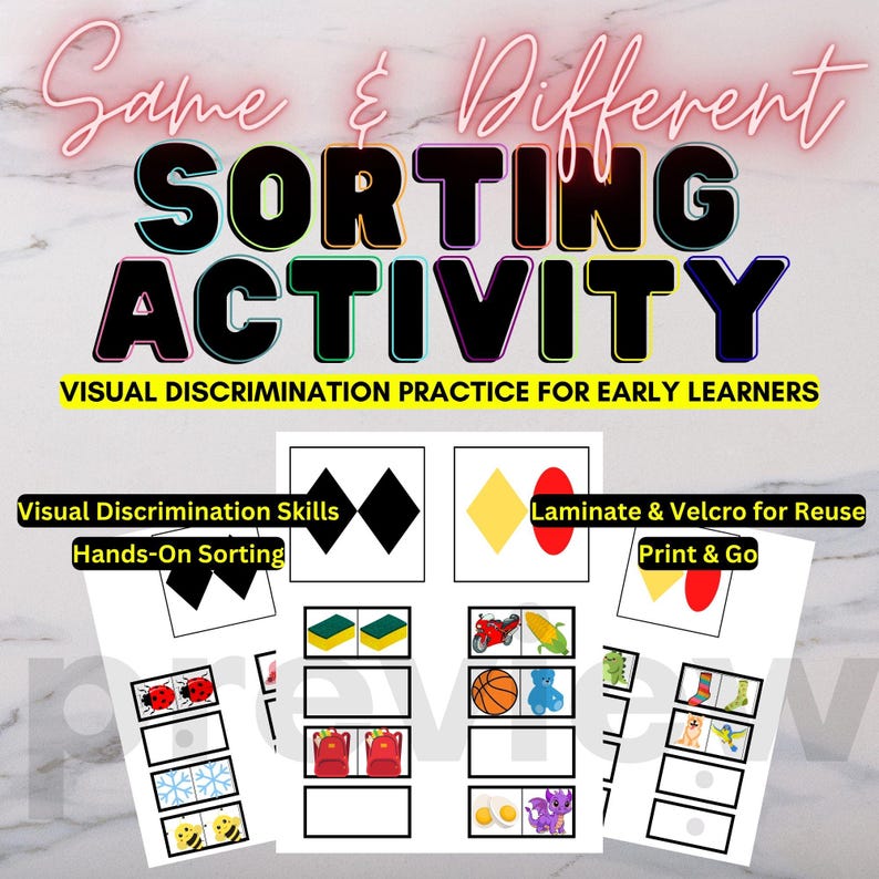Pu&ograve; includere: Un set di attivit&agrave; educative colorate con il testo "Game & Different SORTING ACTIVITY" e "VISUAL DISCRIMINATION PRACTICE FOR EARLY LEARNERS". Il set include schede per le capacit&agrave; di discriminazione visiva, l'ordinamento pratico e il velcro.