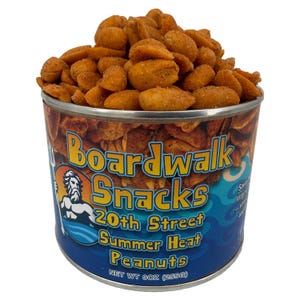 May include: A cylindrical metal can filled with seasoned orange-brown peanuts. The label features the text Boardwalk Snacks, 20th Street Summer Heat Peanuts, and NET WT 9OZ (255G), alongside a graphic of a bearded figure holding a trident.