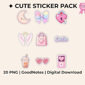 Puede incluir: Un conjunto de pegatinas bonitas en colores pastel. Las pegatinas incluyen una luna creciente sonriente, un lazo arcoíris, un candado en forma de corazón, alas de ángel, una bolsa de la compra con un corazón, la palabra "Cutie", un té de burbujas, gafas de sol en forma de corazón y un reproductor de música rosa. El texto dice "CUTE STICKER PACK" y "20 PNG | GoodNotes | Digital Download".