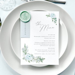 Eucalyptus wedding menu and place cards - botanical wedding menus - wedding dinner menu with name card wax seal - personalised wedding menus
