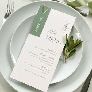 Ettie wedding menu and place cards - olive green wedding menus - wedding dinner menu with name card - personalised wedding menus
