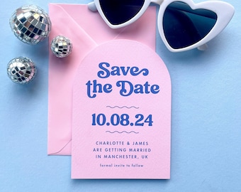 Candy pink wedding save the date cards - arch save the dates - 70s retro save the dates - arch shaped wedding stationery - disco retro