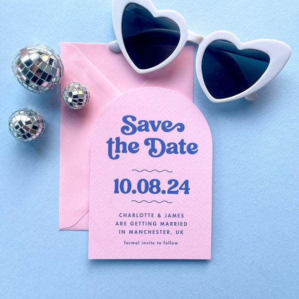 Candy pink wedding save the date cards - arch save the dates - 70s retro save the dates - arch shaped wedding stationery - disco retro