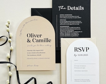 Arch almond minimalist wedding invitations, Camille modern arch wedding invites