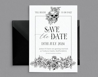 Gothic skull save the date cards - gothic wedding save the dates - till death us do part - wedding invites