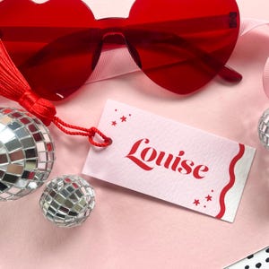 Megan retro wedding place cards - tassel place cards - red and pink wedding name cards - personalised name tags