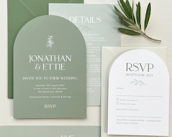 Olive arch wedding invitations, arched wedding invites, olive green wedding stationery