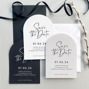 Reine minimalist arch wedding save the date cards - monochrome wedding invitations - black and white arch shaped wedding stationery