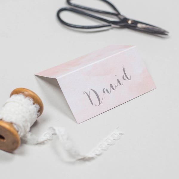 Blush pink and grey watercolour 'Romance' Wedding Place Card