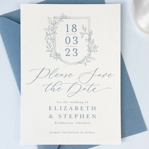 Vintage Crest Wedding Save The Date cards - ivory and blue