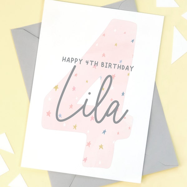 Girls 4th birthday personalised card - Four year old girl - 4 - Fourth Happy Birthday card