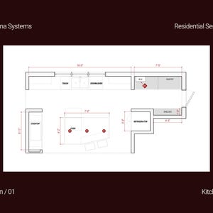 May include: A black and white architectural floor plan titled Mana Systems Residential Series Plan 01 Kitchen. The layout features labeled areas for a cooktop, oven, refrigerator, pantry, dishwasher, and trash, with imperial measurements in feet and inches.