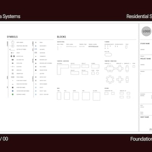 May include: A white architectural plan titled "Foundations Kit" with the "Mana Systems" logo. The plan includes symbols, blocks, and furniture layouts. Text includes "Residential Series" and "Plan / 00".