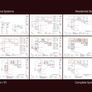 Può includere: Una griglia di nove planimetrie architettoniche, etichettate "Mana Systems" e "Residential Series". I piani sono dettagliati con linee, simboli e testo, che mostrano layout e dettagli costruttivi. Le etichette in basso recitano "Plan / 01" e "Complete System".