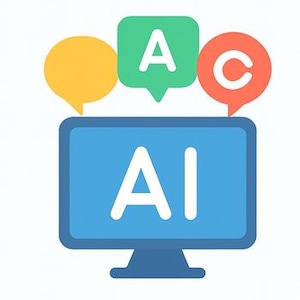 May include: A blue computer monitor with the letters "AI" in white. Above the monitor are three speech bubbles: yellow, green with the letter "A", and red with the letter "C". The image is a flat, colorful illustration.