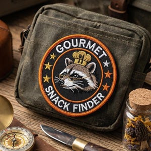 May include: Olive green canvas bag with a circular patch featuring a raccoon wearing a chef's hat and glasses. The patch reads "GOURMET SNACK FINDER" in a circular design with star accents. A compass, knife, and jar are also visible.