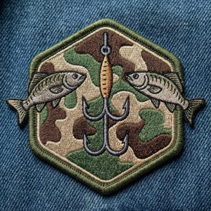 May include: Embroidered patch featuring a camouflage background with two fish flanking a fishing lure and hooks. The patch is in a hexagonal shape with a green border, perfect for adding to jackets or bags.