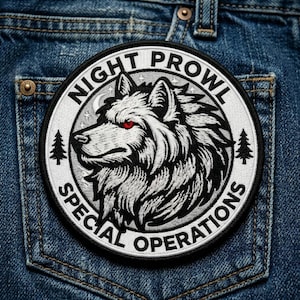 Night Prowl Wolf Iron On Patch - Special Operations Tactical Embroidered Badge - Military Style Wolf Applique for Jackets, Vests, Backpacks