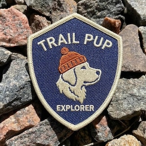 Trail Pup Explorer Embroidered Patch, Dog Hiking Badge, Golden Retriever Mountain Souvenir