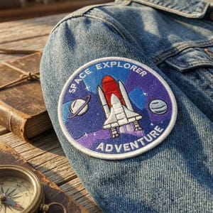 May include: A denim jacket sleeve with a circular embroidered patch. The patch features a space shuttle design with the words "SPACE EXPLORER ADVENTURE" in a blue, red, and white color scheme. The background is a mix of blue, purple, and white.