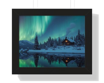 Nordlichter Hütte gerahmtes horizontales Poster | Aurora Borealis Kunst