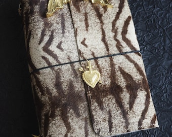 Cowhide Leather Trifold Journal, Brindle Hair on Hide Refillable Notebook, Leopard Print, Limited Edition Italian Leather Wrap