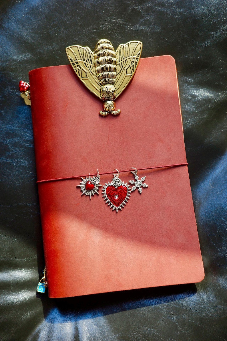 May include: A red leather journal with a gold-colored moth-shaped clip and three charms: a sunburst with a red center, a heart with a red center, and a snowflake. The journal is closed with a red elastic band.
