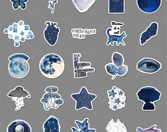 50 Pcs Blue Aesthetic Stickers | Rainy Night Star and Moon Decals | Moody Laptop Stickers | Bullet Journal and Scrapbook Accessories