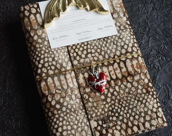 Cowhide Leather Trifold Journal, Gold Snake Print Hair on Hide Refillable Notebook, Leopard Print, Limited Edition Italian Leather Wrap