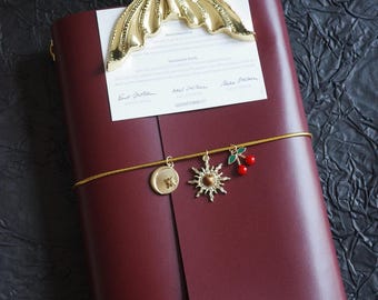 Burgundy Trifold Leather Journal With Charms, Custom Vegetable Tanned Leather, Travelers Notebook, Unique Birthday Gift, Free Foil Stamping