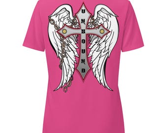Camiseta feminina Unbound com decote em V | Camiseta com estampa de asas de anjo e cruz | Camiseta com estampa de liberdade e força | Modelagem macia e confortável