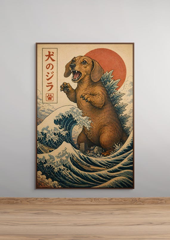 Godzilla Dachshund Poster , Funny Japanese Wave Art Print, Vintage Ukiyo-e Style Dog Wall Art for Dog Lovers