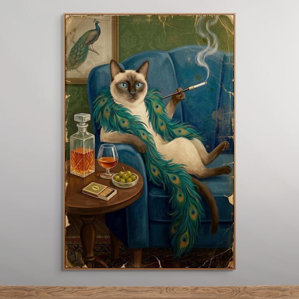 Siamese Cat Wall Art, Vintage Cat Poster, Funny Animal Art Print, Peacock Robe Cat, Maximalist Home Decor, Retro Cat Painting, Printable Art