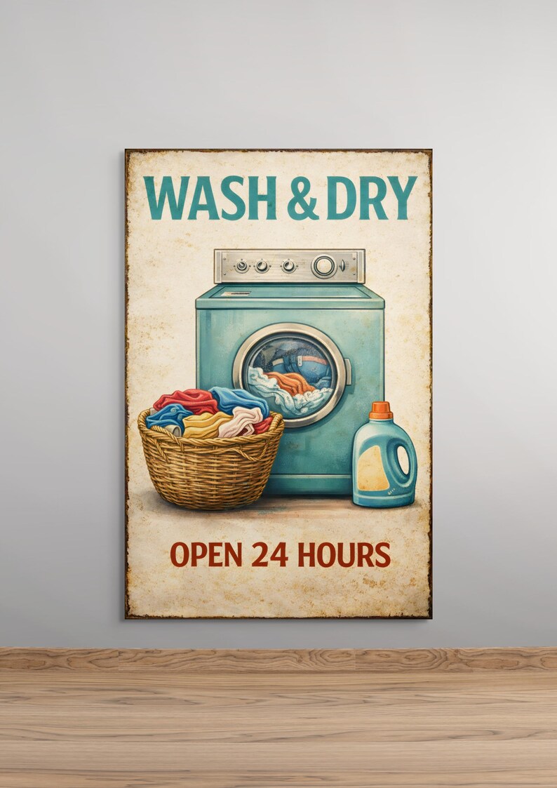 Vintage Wash and Dry Laundry Room Poster, Retro Laundromat Wall Art ...