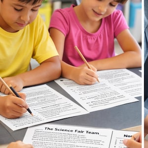 May include: Two children, a boy in a yellow shirt and a girl in a pink shirt, are writing on worksheets at a table. The worksheets have the title "The Science Fair Team." Pencils are in their hands as they focus on their work.