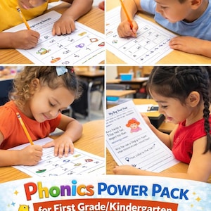 May include: A Phonics Power Pack for First Grade/Kindergarten is shown with children working on worksheets. The worksheets include exercises on beginning sounds, ABC order, missing letters, and decodable stories. The pack has a cartoon bird and the letter A.