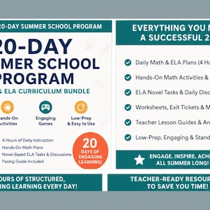 May include: A teal and white graphic advertising a 20-day summer school programme for 5th and 7th grades. The programme includes maths and ELA daily plans, hands-on activities, engaging games, and low-prep resources. The text reads "Engage. Inspire. Achieve. All Summer Long!"