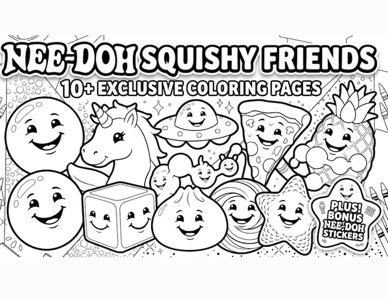 Nee Doh Squishy Friends Coloring Pages, Bold Easy Kawaii Fidget Toy