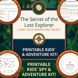 May include: A printable 5-day solo adventure packet titled The Secret of the Lost Explorer. The kit includes a compass icon, a cipher key, game sheets, and an Official Master Jungle Explorer certificate, all presented within a jungle-themed frame.
