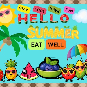 以下が含まれることがあります： 青い背景とチェック柄のボーダーが付いた、カラフルな夏のテーマのイラスト。 サングラスをかけた笑顔の太陽、ヤシの木、さまざまな果物が描かれています。 テキストには「HELLO SUMMER」、「STAY COOL」、「HAVE FUN」、「EAT WELL」が含まれています。