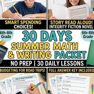 Puede incluir: Imagen promocional de un paquete de matemáticas y escritura de verano de 30 días para estudiantes de 6º a 8º grado. La imagen incluye texto como "¡Opciones de gasto inteligente!" y "¡Historia leída en voz alta! Novela de ficción de integridad".